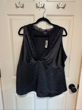 torrid Black Satin V-Neck Lace Trim Tank